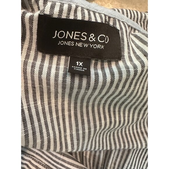 Jones New York 1X Striped Hooded Button-Front Beach Jacket linen Blend Black - Picture 2 of 6